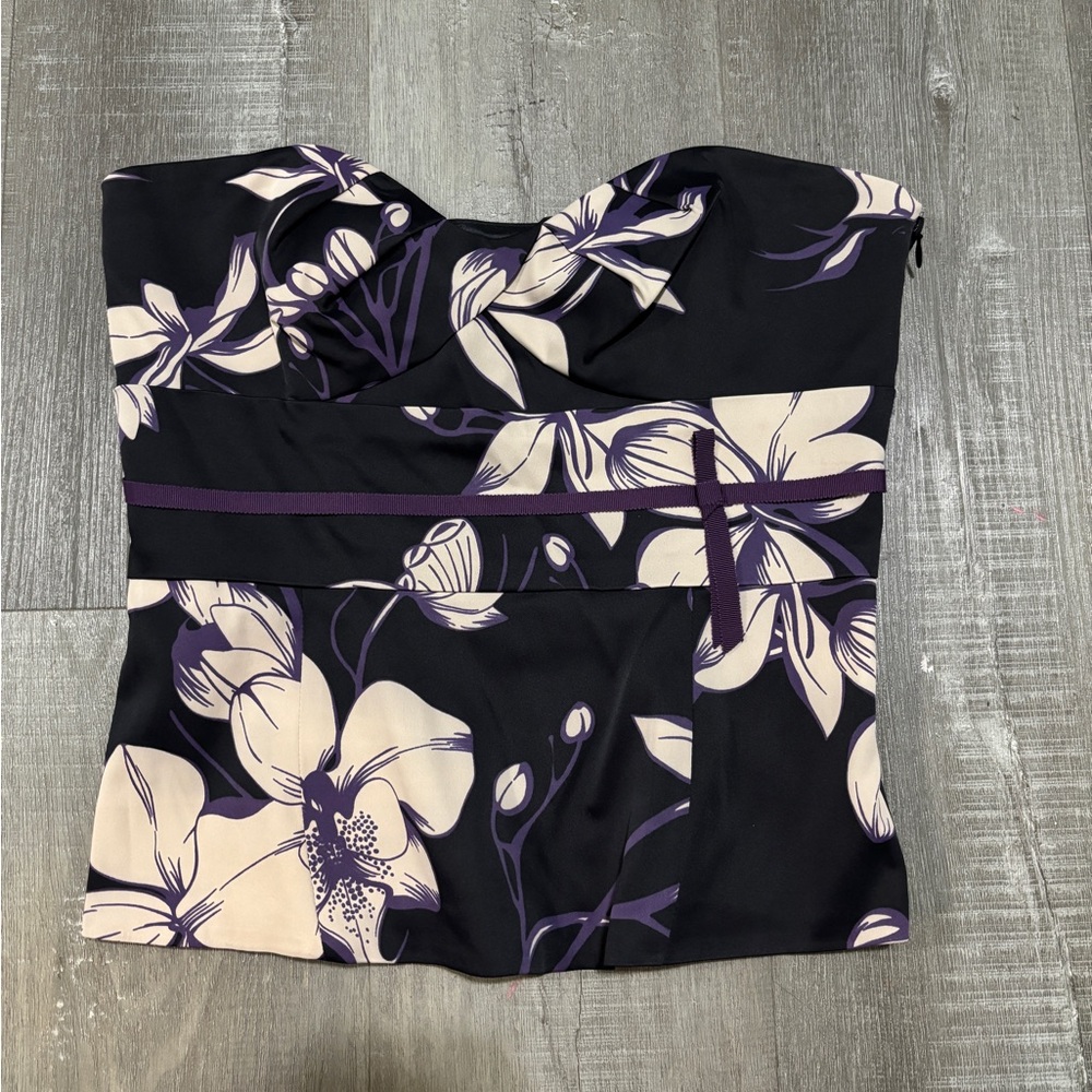 Karen Millen Black Floral Strapless Corset Top with Cream & Purple Print